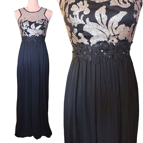 Y2K Black Gold Sequins High Neck Sleeveless Evening Dress Size 3 - Picture 1 of 17